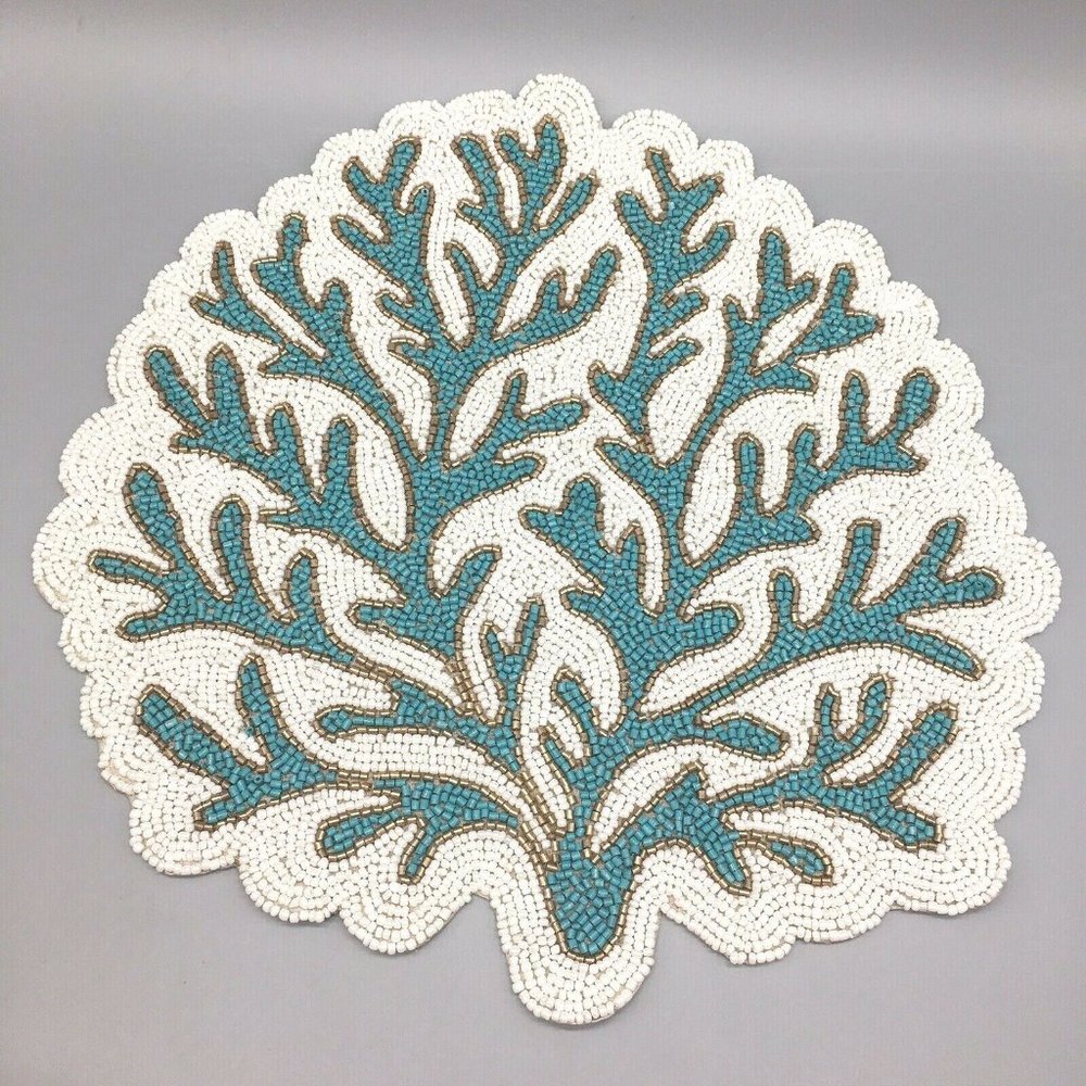x2 Coastal Collection Beaded Ocean Blue Coral Reef Placemat Set Beach Decor 15"